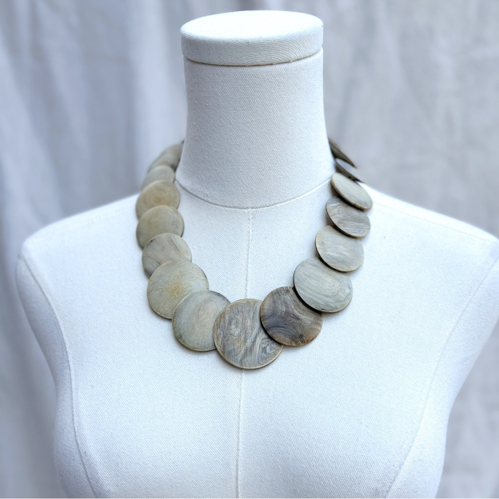 Vintage Bohemian MCM Mid Century Polished Blonde‎ Wood Disc Beaded Necklace